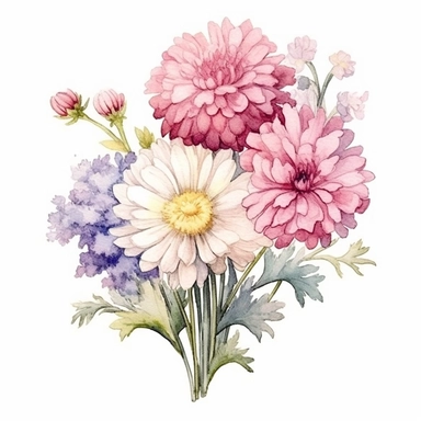 Create an elegant hand-drawn watercolor clip art image of a family gift niche embellished with birth flowers. Customize the image for a family of four: a January baby (Carnation), a April baby (Sweet Pea), an August baby (Poppy), and a November baby (Chry