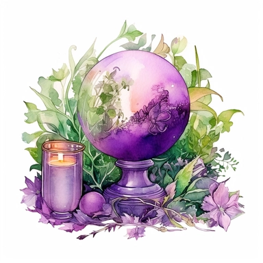 whimsical medieval crystal ball watercolor clipart in purple green, herbs, candles, chaotic