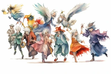 watercolor howl's moving castle clipart,multiple poses and exprassions, hd, on white background, zoom out