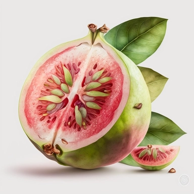 Compose a detailed 8K watercolor clipart of a fresh guava, halved to reveal its pink interior and tiny seeds, against a clean white background.