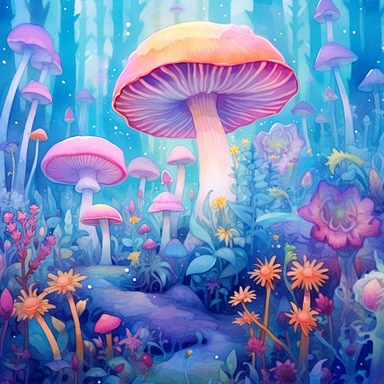 Watercolour Magic Mystical Mushrooms clipart watercolor style , dreamy color, anime style, ghibli , trippy , planet , stars, epic, flowers, Phantasmal Iridescent