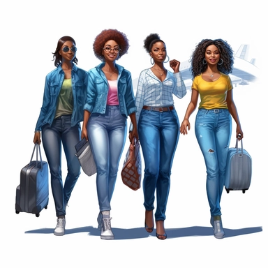 Clipart, four curvy African American woman smiling, all in t shirts and blue jeans with suit cases walking together through the airport, colorful background, hyper realistic, well rendered, cinematic, - - v 5