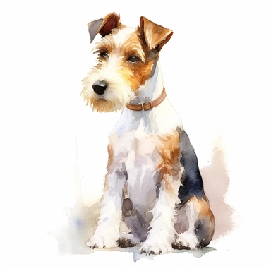 A charming watercolor depiction of a Fox Terrier sitting attentively, with its tail wagging, against a white background and watercolor clipart.