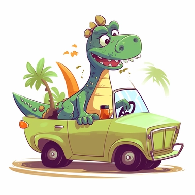 Character Dinosaur rides in a convertible, car without a roof, no background, kids style, 2D, vector, good quality, Pixar children's book illustration, vector, cartoon character, hand drawing, clipart