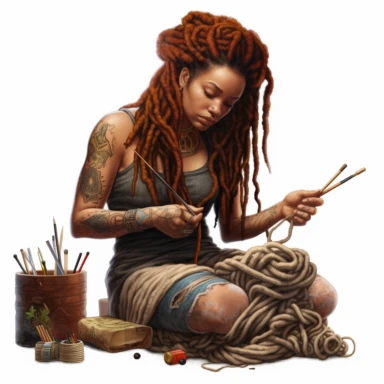 african american woman with midlength dreadlocks and tattoos with yarn surrounding her, holding a crochet hook working on a blanket hyperrealistic photorealistic clipart logo