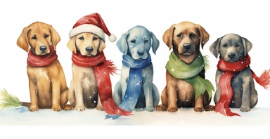Adorable labrador puppies in a line, dressed in cute christmas outfits, playful, vivid colors, white background, ornamental watercolor clipart, I can't believe how beautiful this is