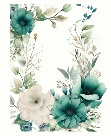 rectangle floral frame, thin border, green flowers and leaves, minimal with white space in middle, clipart, watercolor flowers, hand drawn, white background, clipart,