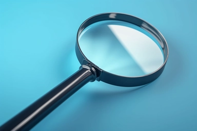 Magnifying glass on blue background. Two clipping paths included. 3D render,ultra sharp, super realistic, high-end photography