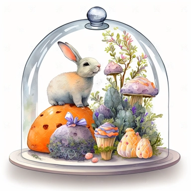 a realistic cute bunny eating a carrot in a glass dome, patterned Easter eggs on a stand, candles and easter muffins, watercolor effect, realistic figures , kids story style, soft colored view , fantastic scene, small colored flowers and lavender , white background , suitable for digital clipart