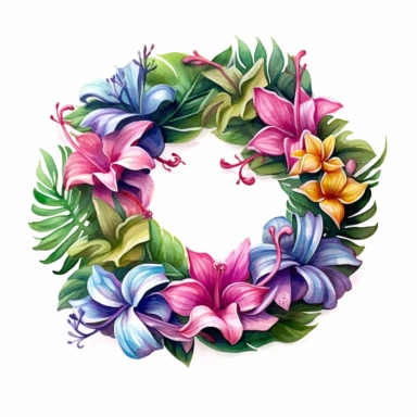 Hawaiian Lei, watercolor, white background, high detail, unique, intricate detail, hand - painted Sublimation Clipart,Cartoon,hyper realistic, intricate detail, illustration style,high solution,on the white background