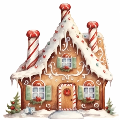 a watercolor gingerbread house, {pastel,Romantic, ExoticSerene, Whimsical, Vintage,Earthy,Tropical, Rustic,} color pallete, on a white background, gingerbread walls, gingerbread house, gingerbread models, gingerbread, watercolor pencil drawing style, on a white background, clipart, cartoonish style, full body, in the style