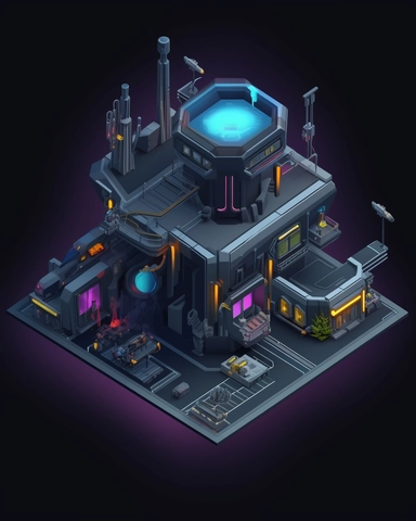 isometric perspective, game sprite, futuristic small spaceship hanger concept, gaming asset, sci-fi, fun, creative, cartoon, clipart, hyper-detailed, black background,