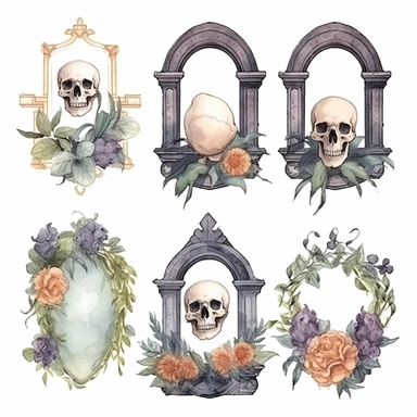 Vintage geometric frames set. Grave stone design decorated with skulls, cross and flowers. Casket clip art isolated on white background. Halloween festive ornaments. Spiritual elements clip art. Watercolour