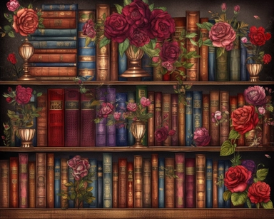 Royal Steampunk ClipArt, background paper, wall paper style, library, rows of books and wooden bookcases, roses, Watercolor Steampunk PNG, Victorian Clipart, Fantasy Clipart, deep reds and burgundy's