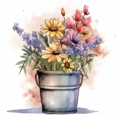 watercolor and ink clipart, picture of large wild flowers in the clay pot, high detail, high resolution, pastel colors, vibrant colors, digital print