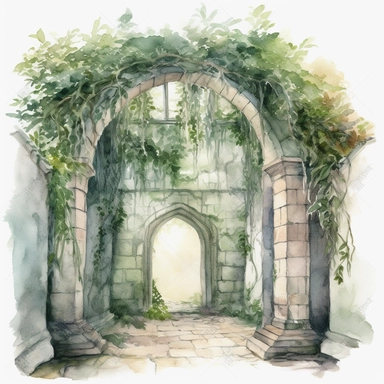 watercolor overgrown castle hallway clipart, no background, greenery