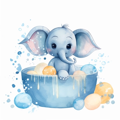 Clipart image of a cute blue baby elephant with big curious eyes and a happy expression lying in a bathtub. The elephant is surrounded by bubbles and has a toy duck floating nearby. The image is in profile and on a white background, made with watercolors. Perfect for children's projects and designs.
