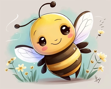 , cute smiling vector bee drawing for clipart, image is on a white background, bee is the focal point hovering in a field, nursery watercolor, in the style of watercolor painting, white background, charming anime characters, cute and colorful, depiction of animals, high quality