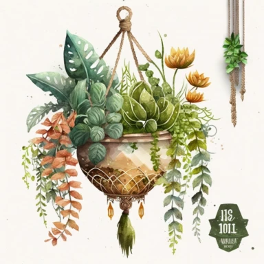 watercolor hanging green plant with macrame clipart