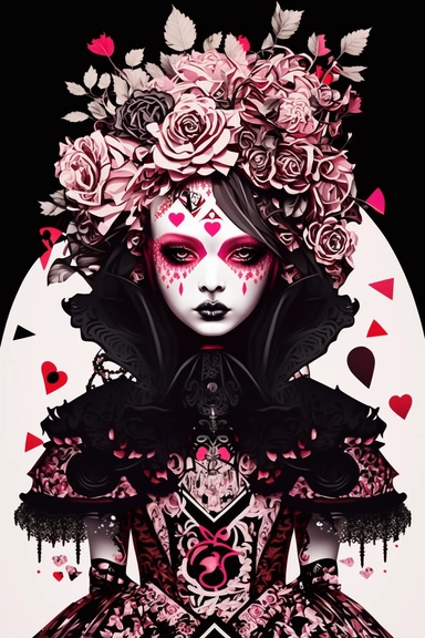 <https://s.mj.run/9tV4APT6Ydk> macro shot, haute couture dolce & gabbana illustration clipart of gothic Alice in Wonderland evil queen of hearts with black diamonds and flowers, pink color palette, white background,