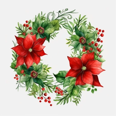 A green Christmas wreath with red flowers and bells, oil painting, lateral view, clipart, transparent background, clear background, green leaves, high resolution, watercolor, vector, 12k, 300 dpi, 12: 12 ratio