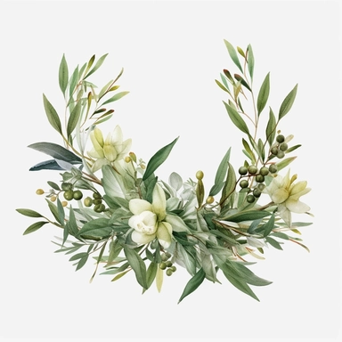 with white background, art Watercolor, Watercolor Border and Frame Olive Branches floral clipart, hd, high detailed, muted olive green and dark green, accented with hints of silver or gold for the leaves, delicate petals, pastel, muted, soft, subtle, romantic, dreamy, ultra details, high resulution, dynamic lighting, rendering, photo realistic, lightroom gallery, cinematic lighting