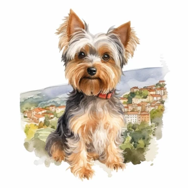 close up high detailed, Hand drawn watercolor clipart of a cute Yorkshire Terrier in Italy farm, on a white background
