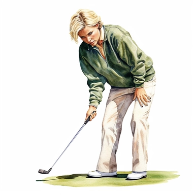 Idyllic watercolor clipart of a young modern golfer with blonde hair in close fitting colored sports golf clothes putting on the putting green, isolated on a pure white background, insane detail,