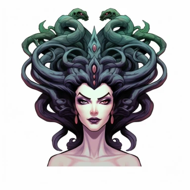 2d thick-lined disney clipart illustration of the head of medusa with snakes, white background