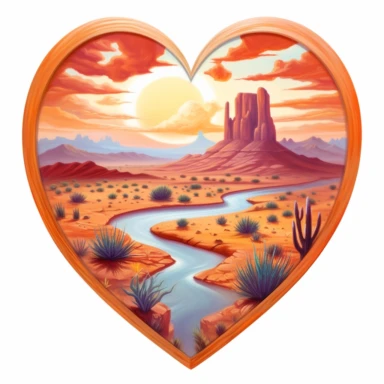 painting of a heart with a beautiful desert inside of it, in the style of enchanting realms, nature-inspired installations, bloomcore, mesmerizing colorscapes, skillful, fluid and organic, clipart, blank white background