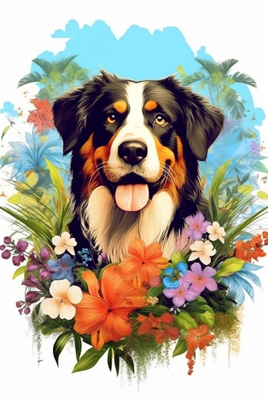 white background, dog, 3d, super closeup, sticker, photorealistic, artwork of t shirt graphic of majestic forest, in digital painting style , beautiful flowers, sunset mountains and clouds , big vines, plants sorround, highly detailed clean, vector image,