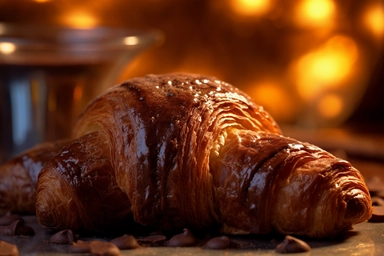 a freshly baked chocolate croissant, its flaky layers enveloping a rich, melted chocolate filling, The aroma of butter and cocoa fills the air as you take a bite, Soft morning light bathes the scene, highlighting the croissant's delicate swirls and velvety texture, Photo clipart, super detail, vignetting, shot with Nikon D3000,