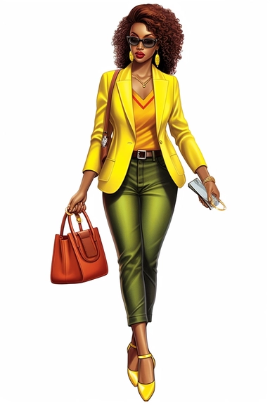 beautiful african american women, clipart, juneteen red, yellow, and green fashion, full body, purse, heels, pants, jacket, shirt, handbag, boss