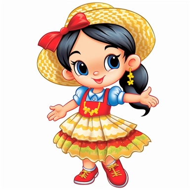 A cute blond little girl dressed for a brazilian junina party, with a blue and yellow flowing dress, braids in her hair, red shoes, happy, Monica's gang style, Graphics Maurício de Sousa, digital art, big eyes, cartoon, clipart, country girl from festa junina from brazil cute drawing white background