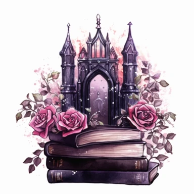 Gothic style books with watercolor effect, suitable for digital clipart, white background, gothic pink scene, gothic colors, gothic tools, gothic roses, dark scene, twinkles