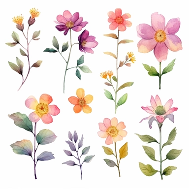 unique watercolor, handpainted floral clipart, transparent background, 6 elements evenly spaced out by 1 inches