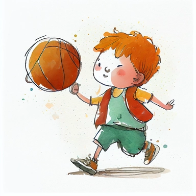 cute adorable boy playing basketball, clear white background, handrawn watercolor graphic clipart, cute Children's Drawing, isolated