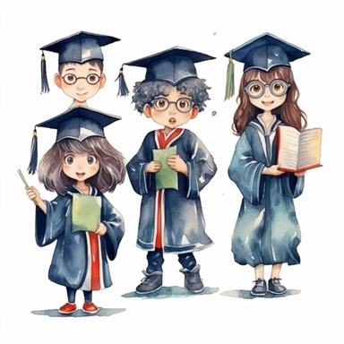 watercolor graduation ceremony related scenes, illustrations clipart set, simple, , cartoon elements ,different variants , separate elements with a margin, ,4k, high resolution