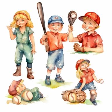 Watercolor cute little baseball players and their moms, illustrations clipart set, simple, christmas colors , cartoon elements ,different variants , separate elements with a margin, 4k, high resolution