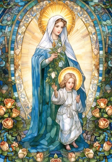 A sharp photograph of an expensive portrait, pay particular attention to the shape of your hands, less watercolor stained glass Madonna and child with matching crowns full body clipart, the Madonna is wearing a medium aquamarine blue mantle with bright white stars on it and the child is wearing a bright white robe, behind them is shimmering bright light, around many blue roses, highly detailed, white background, in the style of Catholic religious art, artist Andrea Lezcano, Vincent Van Gogh, in 