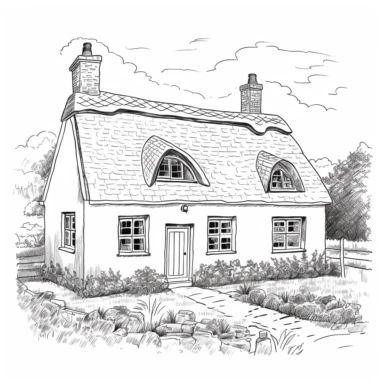 An irish cottage clip art, on a white background, coloring book page