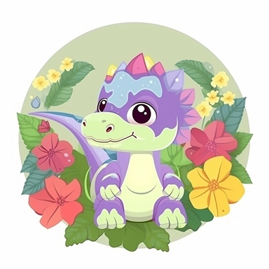 Baby Dinosaurus with flowers sublimation clipart, vector, illustration, 2d, flat colors, isolated background