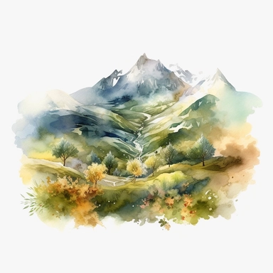 watercolor clipart of a gorgeous spring mountain in shades of lush green, gentle blue, sunny yellow, and soft earthy tones on white background, png, high quality, 4k