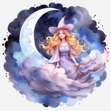 Watercolor Moon first quarter with clouds and a witch Clipart
