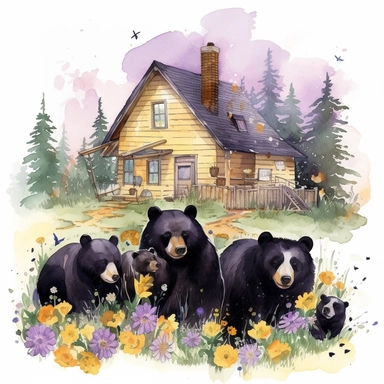 hand drawn family of black bears, wearing clothes in shades of yellow and purple, at a cabin in the woods, bumblebees, purple flowers and grass, very detailed, very realistic, watercolor, clipart style