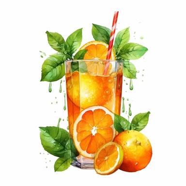 A colorful watercolor orange juice, orange tree clipart in PNG format, vector, with a white background and easy to cut out