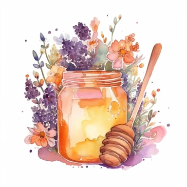 Watercolor illustration of honey in a jar and include a wooden spoon, a honeycomb, add hints of orange or red to enhance the richness and depth of the honey, add lavender and pink flowers, add watercolor splash in the background, hd, white background, clipart--ar3.2--s1000