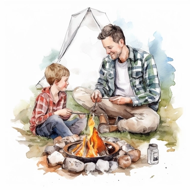 A father and son camping, sitting around a campfire and roasting marshmallows, Watercolor, Clipart, detailed, high resolution, transparent background PNG