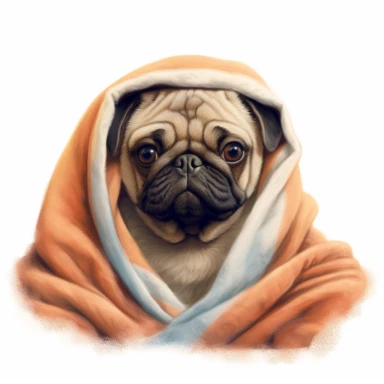 happy pug hiding in a blanket, digital painting and drawing, clipart, full body, hyper - realistic animal illustration, childlike, free brushwork, white background