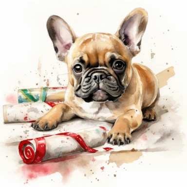 Create a saturated beautiful image of a christmas themed watercolor clipart of a cheerful, smiling, joy filled, loving eyes, EXCITED AND HAPPY EXPRESSION SMALL FRENCH BULLDOG puppy WITH PIECES OF SCOTCH TAPE STUCK TO FUR , NEXT TO ROLLS OF CHRISTMAS WRAP LAYING ON FLOOR, TORN, MESSY, RUINED PRESENTS, white background, no font, no text, NO WATERMARK